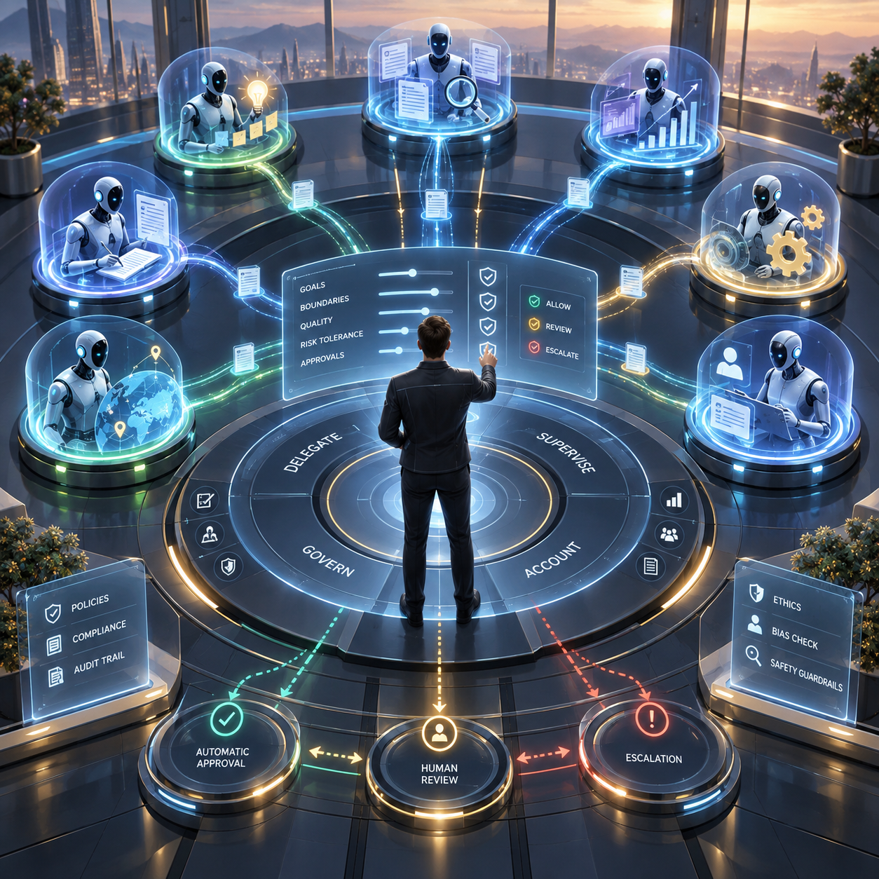 A human Agent Manager stands at a central control console, overseeing specialized AI agents with boundaries, review checkpoints, and escalation paths.